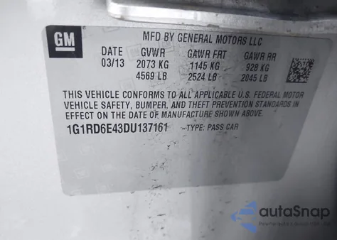 2013 Chevrolet Volt z USA, uszkodzony, nr VIN 1G1RD6E43DU137161